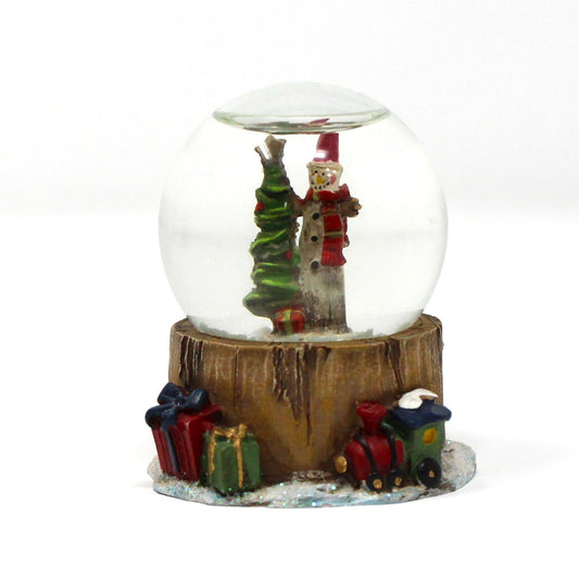 Snowglobe, Wooden Thin Santa Figure with Christmas Tree, Mini Snow Globe, Tree Stump Base w/Gifts, Collectible, Vintage