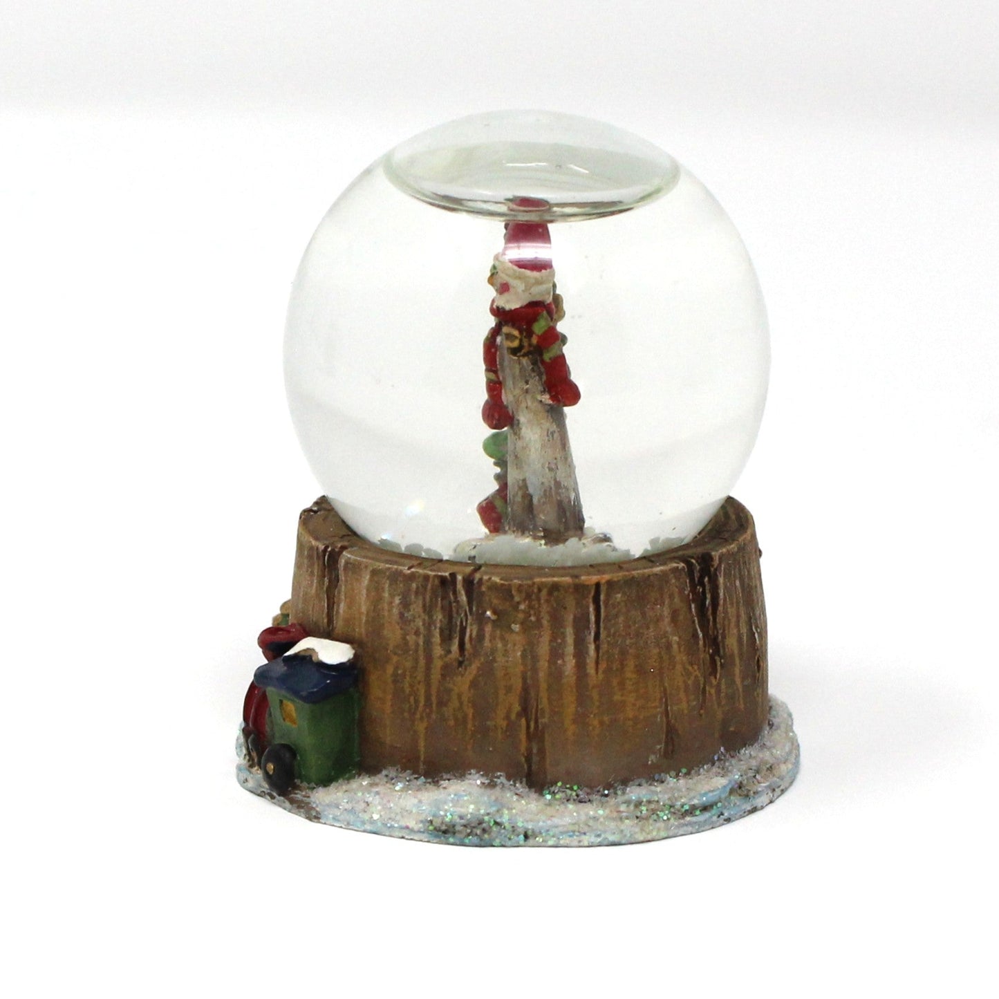 Snowglobe, Wooden Thin Santa Figure with Christmas Tree, Mini Snow Globe, Tree Stump Base w/Gifts, Collectible, Vintage