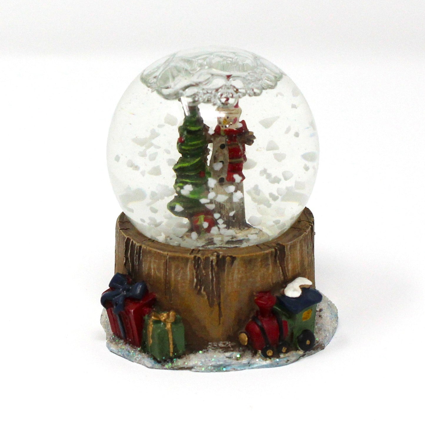 Snowglobe, Wooden Thin Santa Figure with Christmas Tree, Mini Snow Globe, Tree Stump Base w/Gifts, Collectible, Vintage