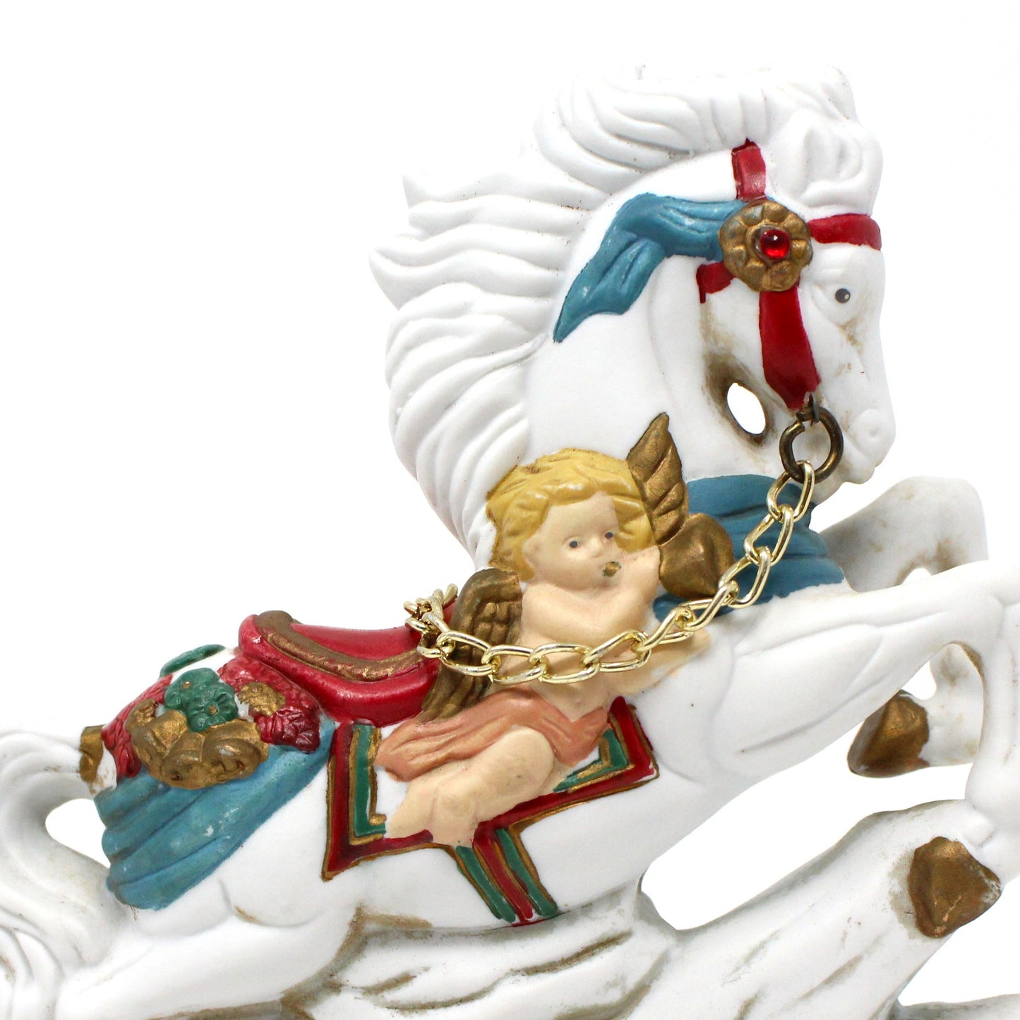 Figurine, Golden Supex, Carousel Horse With Cupid Angel, Porcelain, Vintage