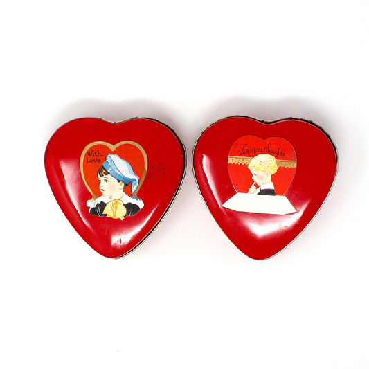 Gift Tin / Candy Tin, Valentine Heart Shaped Collectible Tin, Metal Heart with Vintage Cut-Out, Set of 2