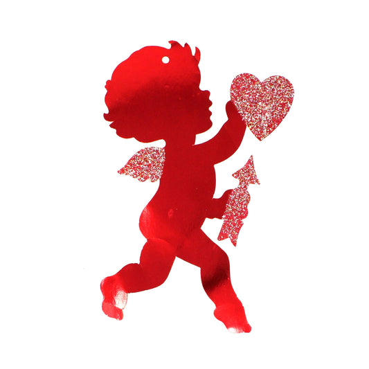 Die-Cut Decor, Valentine Cupid Silhouette, Holding Heart & Arrow, Red Metallic with Glitter, Vintage, 1970's