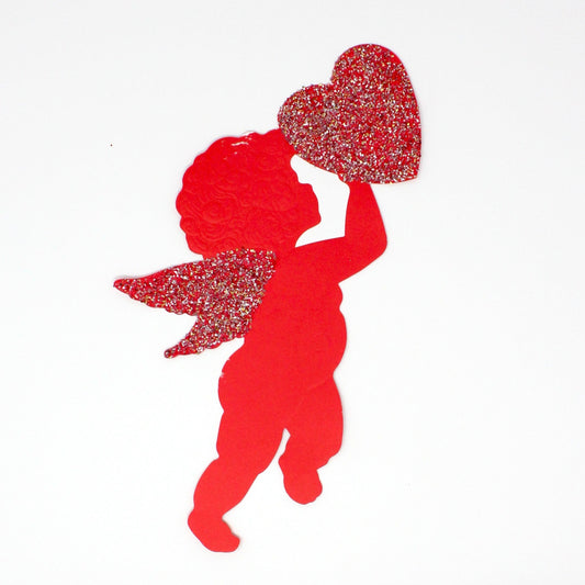 Die-Cut Decor, Valentine Cupid Silhouette, Embossed, Red with Glitter, Holding Heart, Vintage