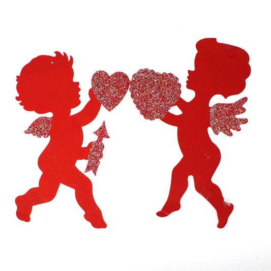 Die-Cut Decor, Valentine Cupid Silhouettes, Holding Heart & Arrow, Red with Glitter, Set of 2, Vintage