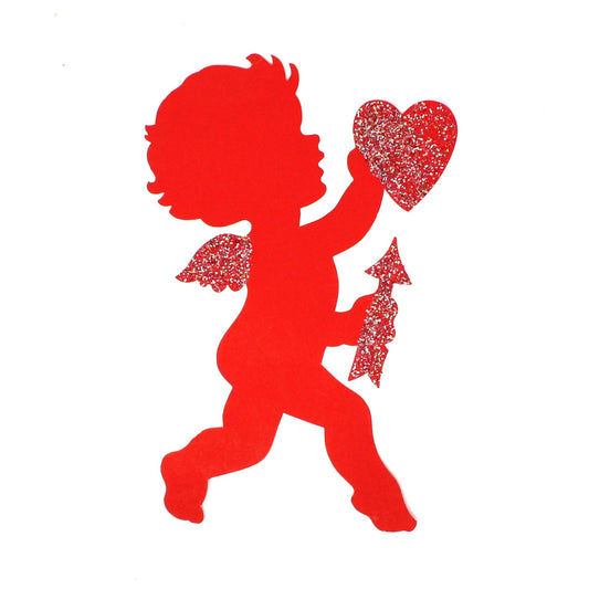 Die-Cut Decor, Valentine Cupid Silhouette, Holding Heart & Arrow, Red with Glitter, Vintage, 1970's