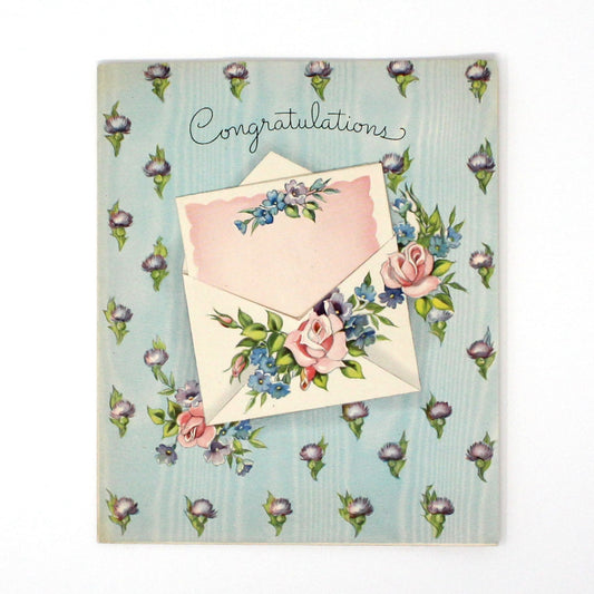 Greeting Card / Congratulations, Envelope with Roses, Removable Insert Card, Vintage