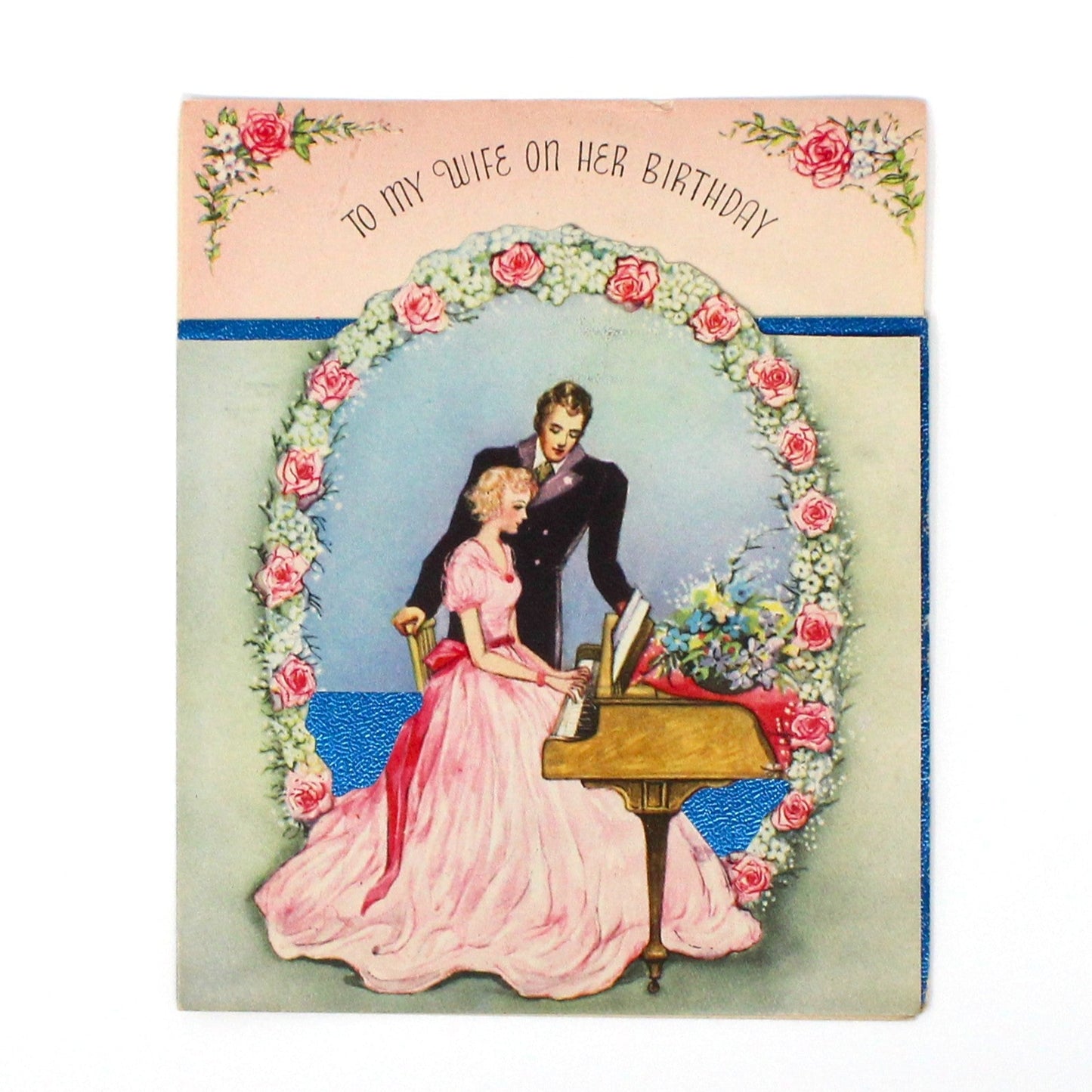 Greeting Card / Birthday, Vintage Couple at Piano, Die Cut and Foil, Unused, Vintage