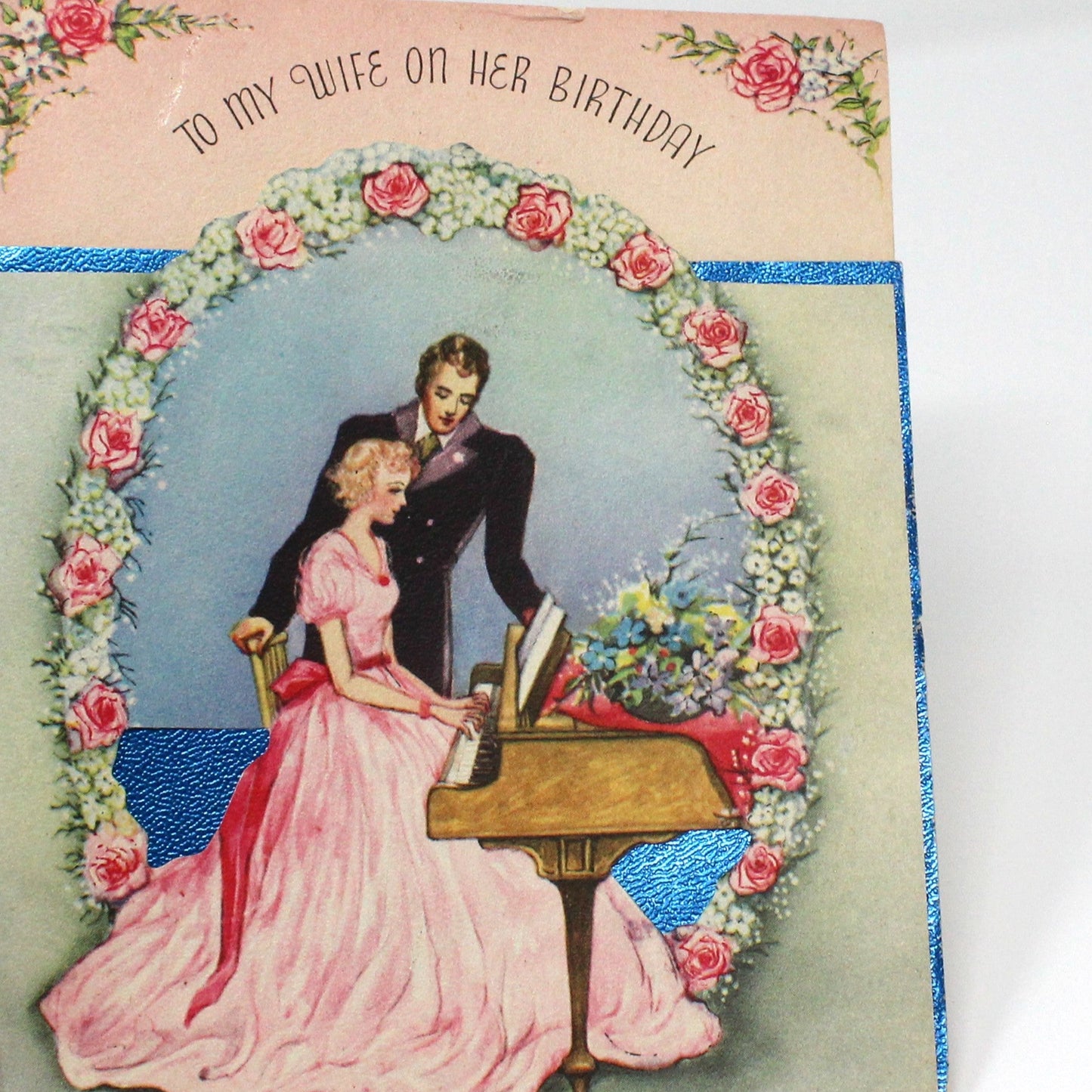 Greeting Card / Birthday, Vintage Couple at Piano, Die Cut and Foil, Unused, Vintage