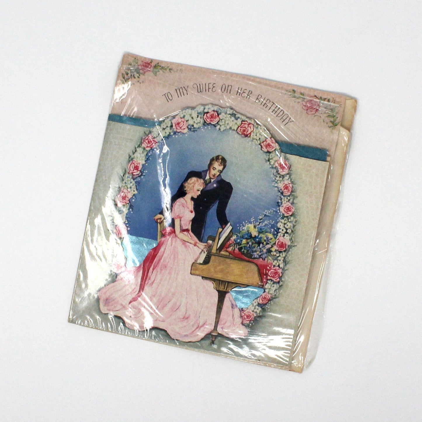 Greeting Card / Birthday, Vintage Couple at Piano, Die Cut and Foil, Unused, Vintage