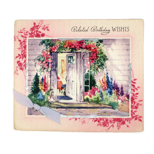 Greeting Card / Belated Birthday, Front Door Garden, Foil & Fabric Ribbon, Unused, Vintage, 1940's