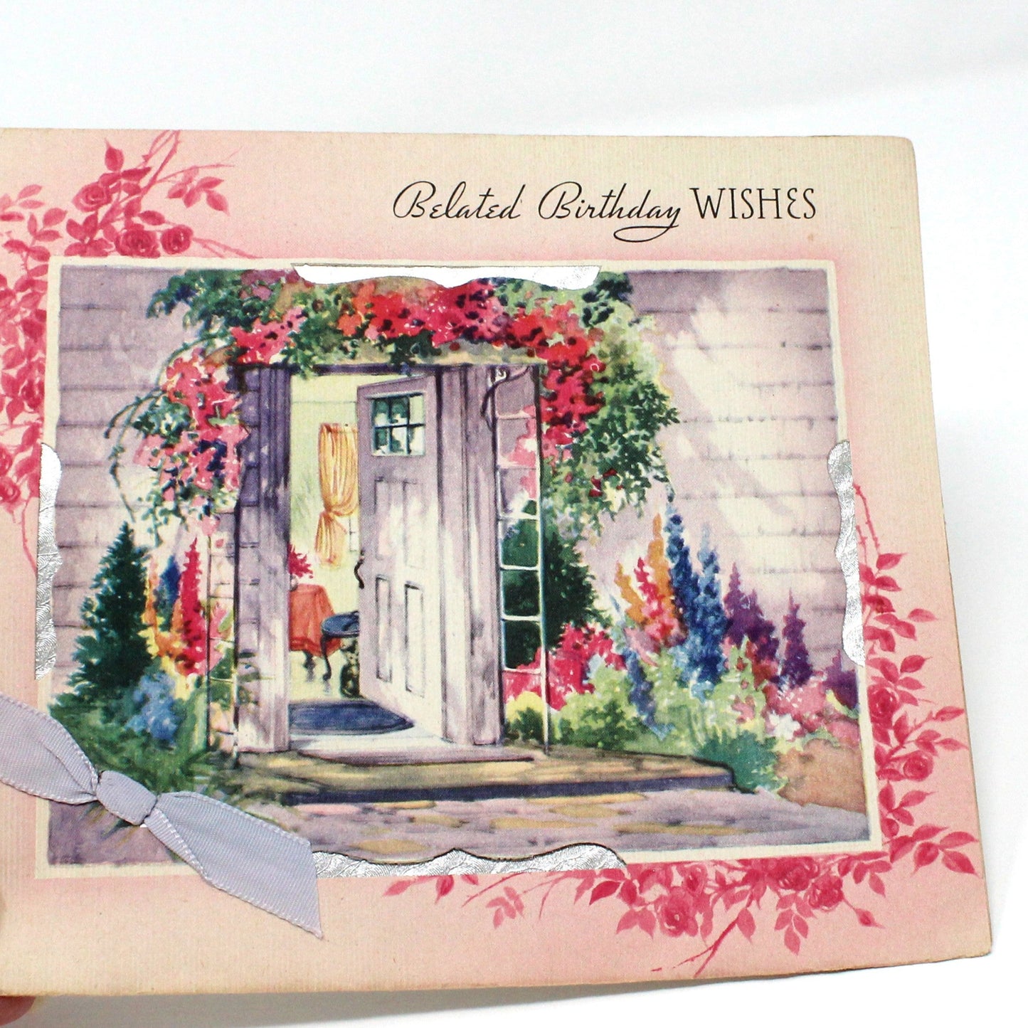 Greeting Card / Belated Birthday, Front Door Garden, Foil & Fabric Ribbon, Unused, Vintage