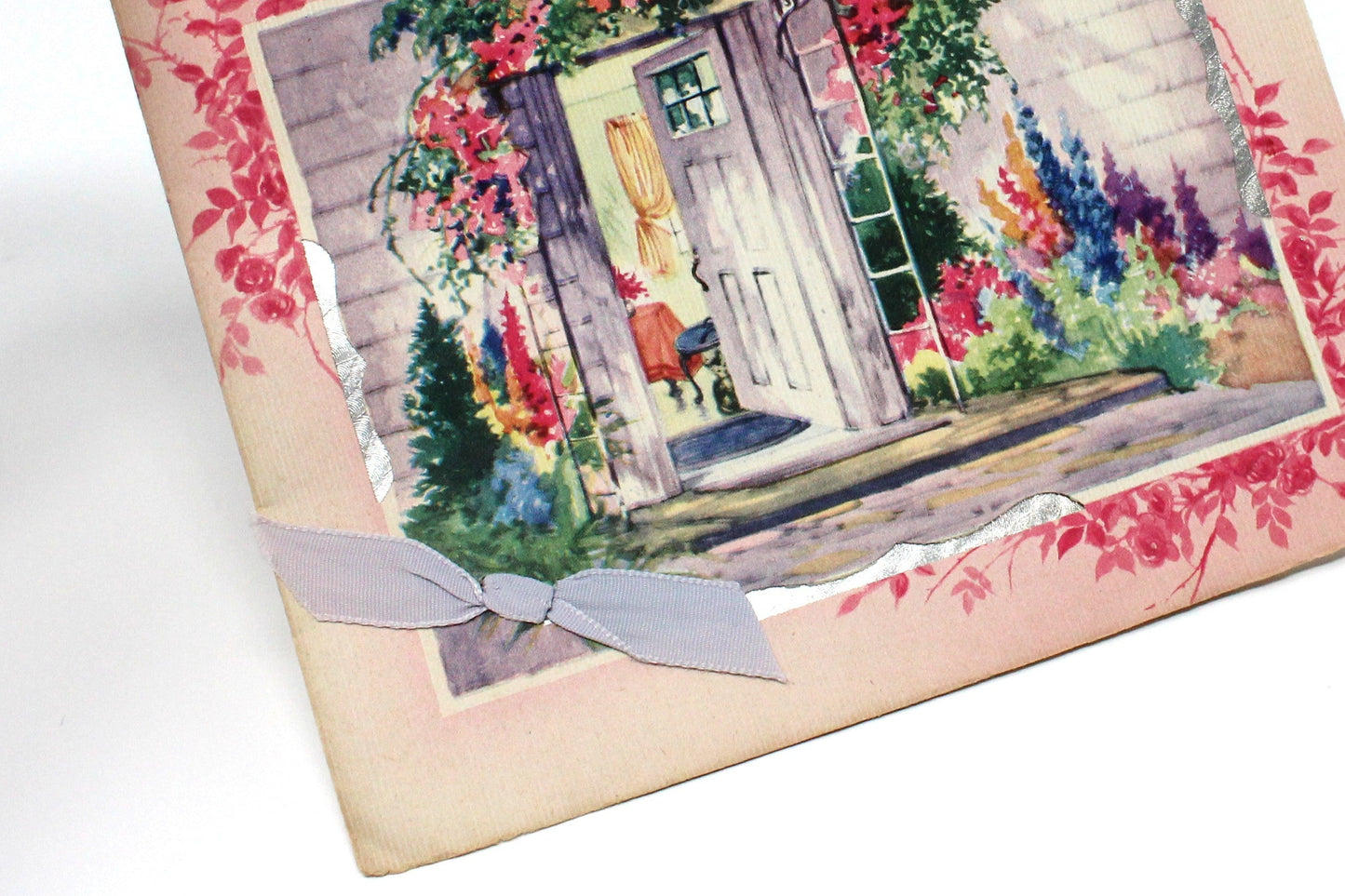 Greeting Card / Belated Birthday, Front Door Garden, Foil & Fabric Ribbon, Unused, Vintage