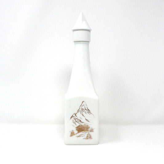 Liquor Bottle, White Milk Glass, Gold Mountains & Cabin Lodge, Seagram’s Empty, Vintage Collectible