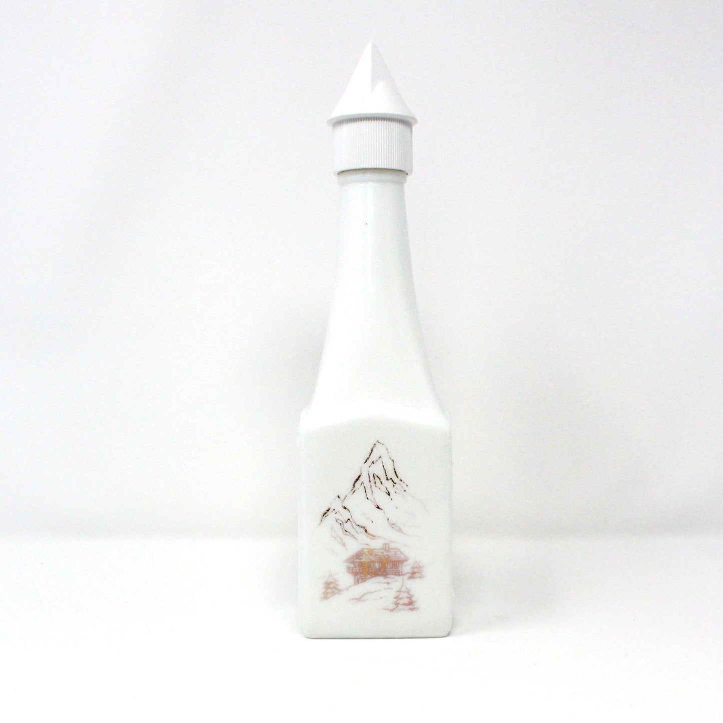 Liquor Bottle, White Milk Glass, Gold Mountains & Cabin Lodge, Seagram’s Empty, Vintage Collectible