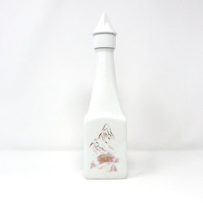 Liquor Bottle, White Milk Glass, Gold Mountains & Cabin Lodge, Seagram’s Empty, Vintage Collectible