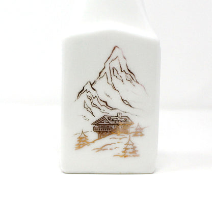 Liquor Bottle, White Milk Glass, Gold Mountains & Cabin Lodge, Seagram’s Empty, Vintage Collectible