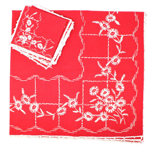 Tablecloth & Napkins Set, Square Card / Tea Table, Embroidered, Red & White, Vintage 32"