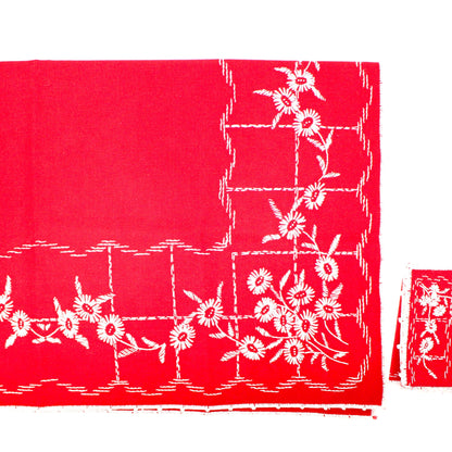 Tablecloth & Napkins Set, Square Card / Tea Table, Embroidered, Red & White, Vintage 32"