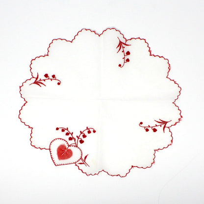 Handkerchief, Embroidered & Applique Hearts, Red & White, Vintage Organza