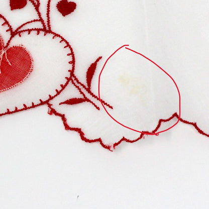 Handkerchief, Embroidered & Applique Hearts, Red & White, Vintage Organza