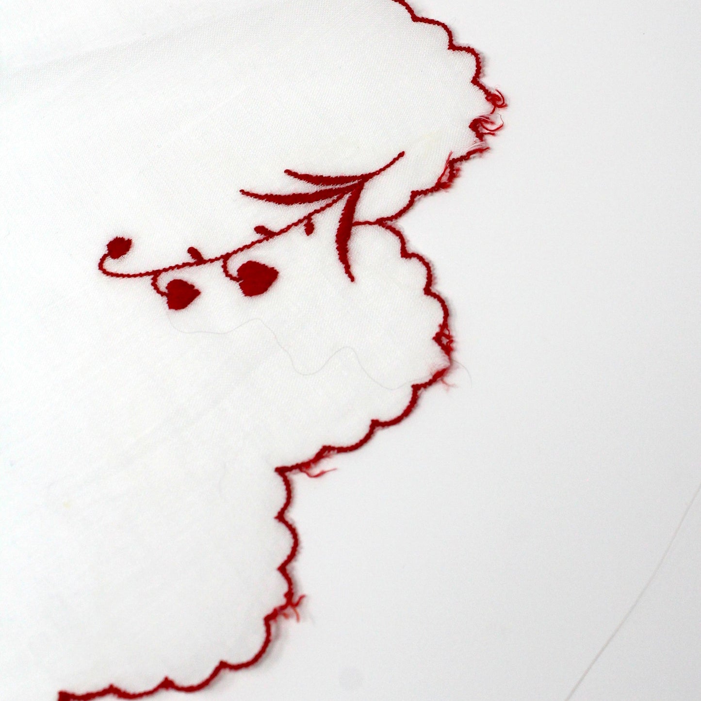 Handkerchief, Embroidered & Applique Hearts, Red & White, Vintage Organza