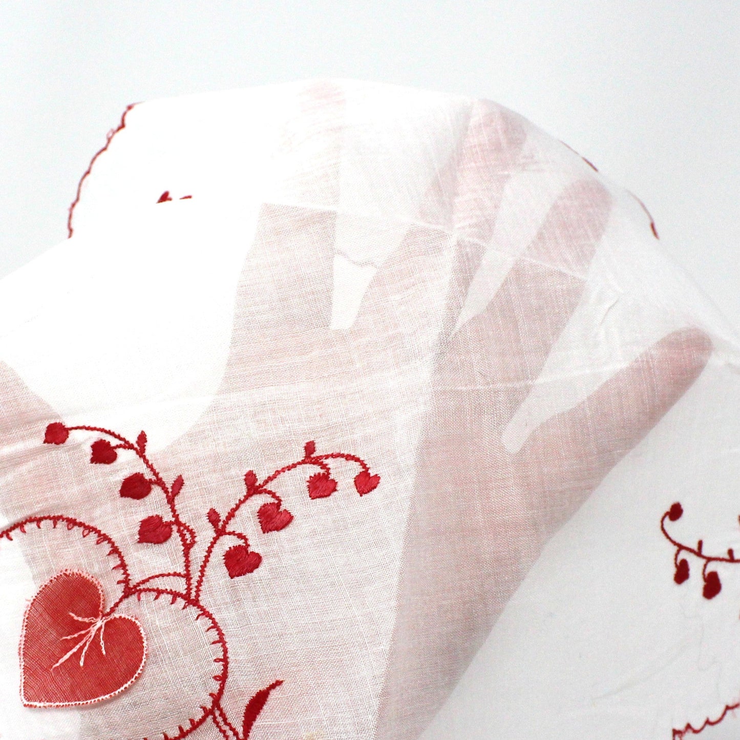 Handkerchief, Embroidered & Applique Hearts, Red & White, Vintage Organza