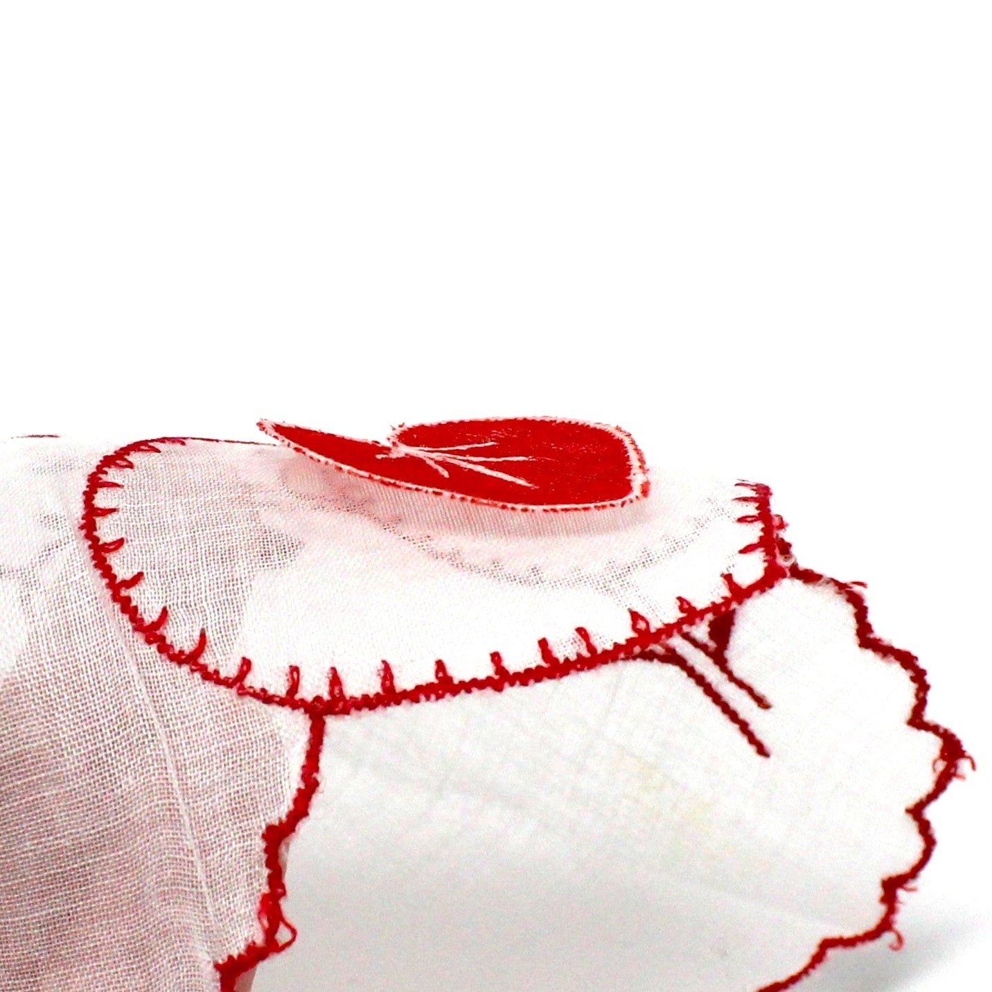 Handkerchief, Embroidered & Applique Hearts, Red & White, Vintage Organza