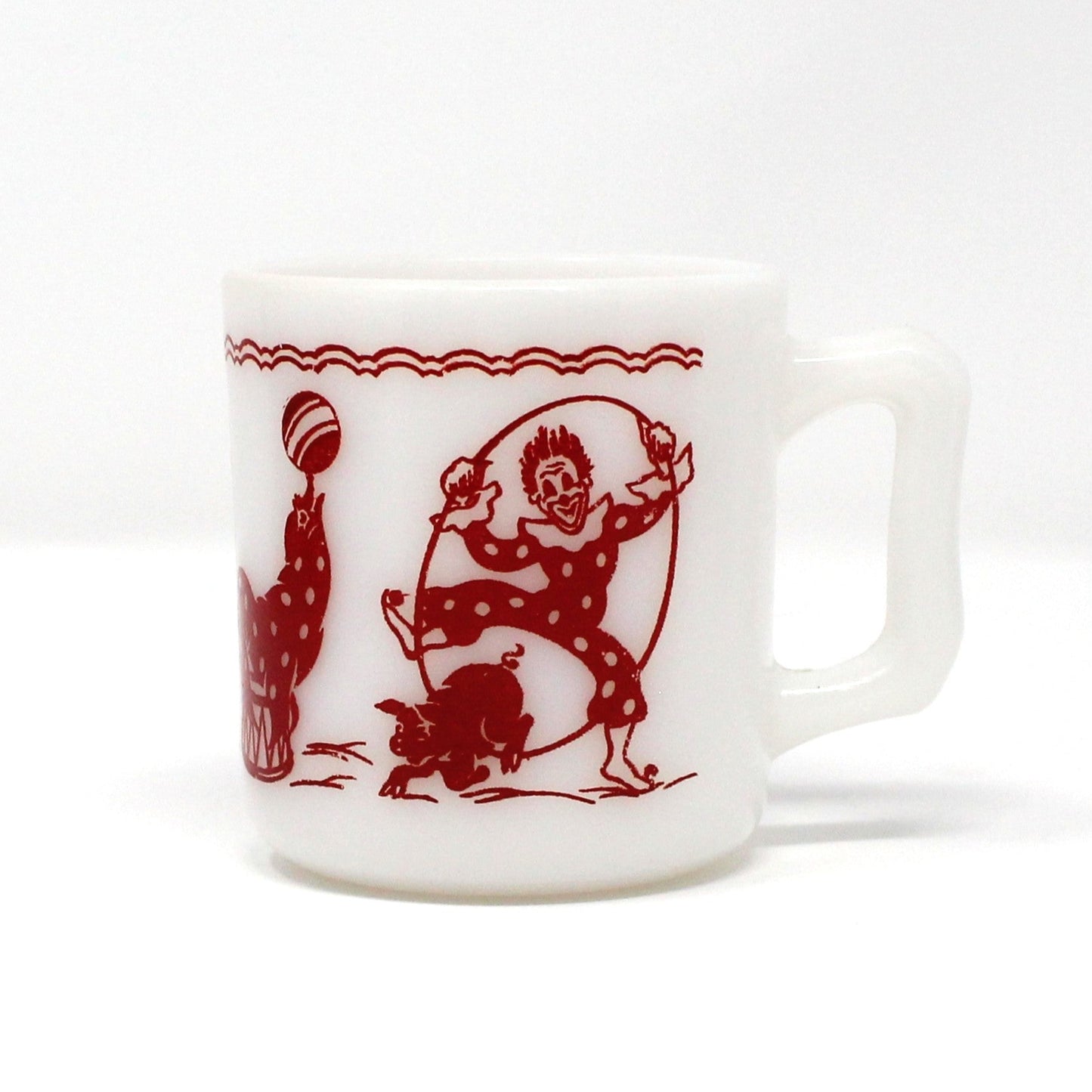 Mug / Child Cup, Hazel Atlas, Milk Glass, Circus Clown Red Enamel, Vintage