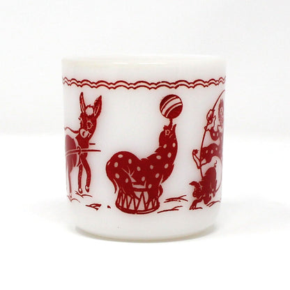 Mug / Child Cup, Hazel Atlas, Milk Glass, Circus Clown Red Enamel, Vintage