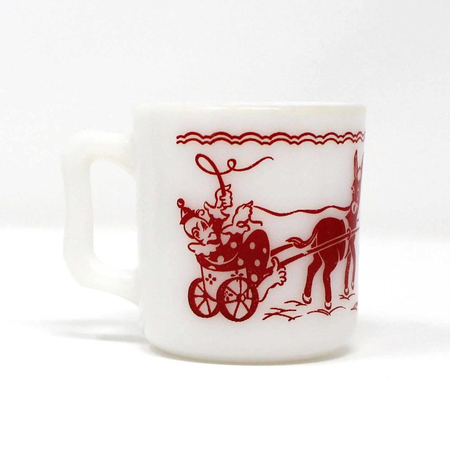 Mug / Child Cup, Hazel Atlas, Milk Glass, Circus Clown Red Enamel, Vintage