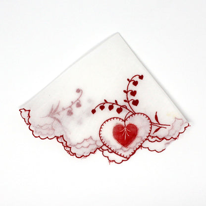 Handkerchief, Embroidered & Applique Hearts, Red & White, Vintage Organza