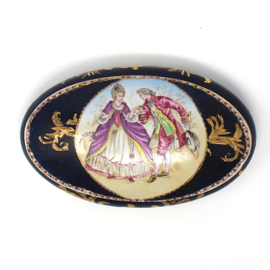 Trinket Box, Victorian Couple, Gold Encrusted, Hand Painted, Oval Porcelain, Vintage China