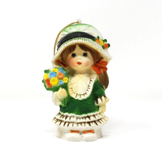 Ornaments, Girl in Green Dress with Bonnet & Flowers, Holly Hobbie Style, Hard Plastic, Vintage