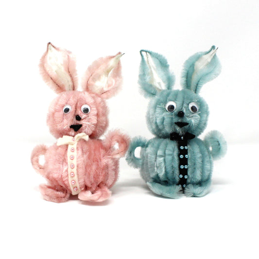 Figurines, Chenille / Pipe Cleaner Bunny Rabbits, Blue & Pink with Googly Eyes, Mid Century Easter Decorations, Large, Set of 2, Vintage