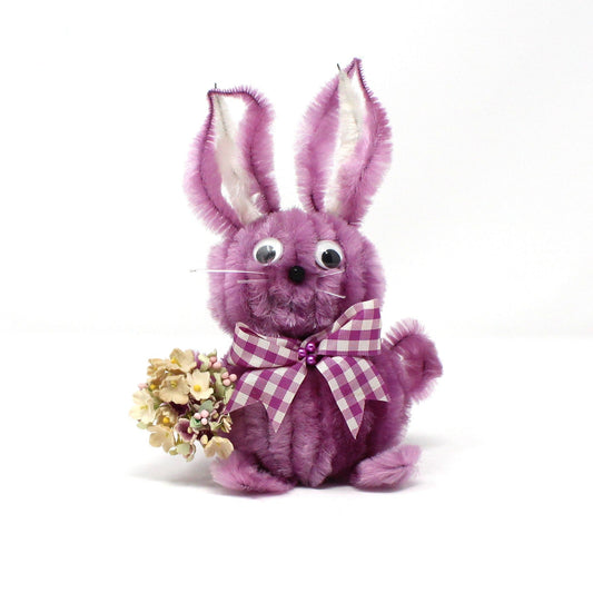 Figurines, Chenille / Pipe Cleaner Bunny Rabbit, Purple with Googly Eyes, Mid Century Easter Decorations, Large, Vintage