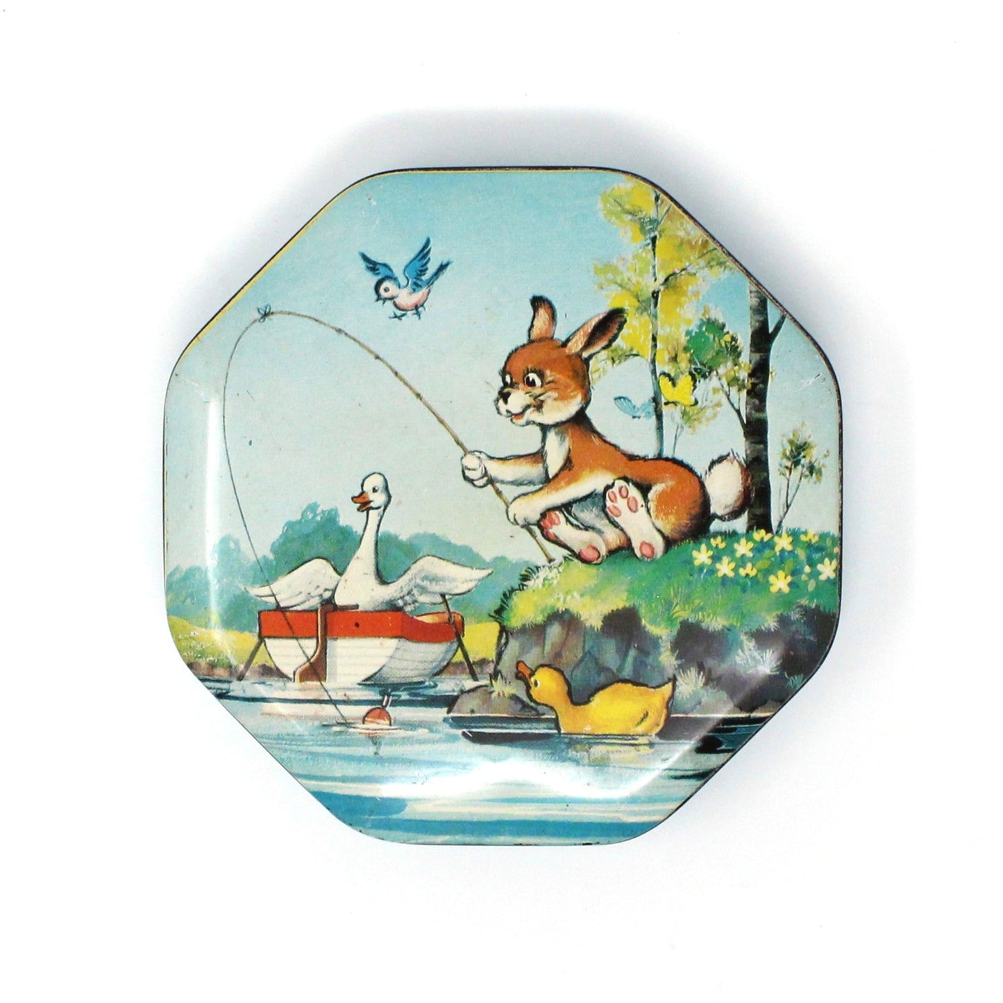 Gift Tin / Candy Tin, Metal Box Co, Bunny Rabbit Fishing, Octagon Shape, Vintage