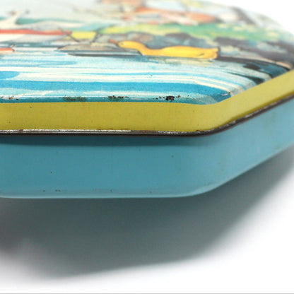 Gift Tin / Candy Tin, Metal Box Co, Bunny Rabbit Fishing, Octagon Shape, Vintage