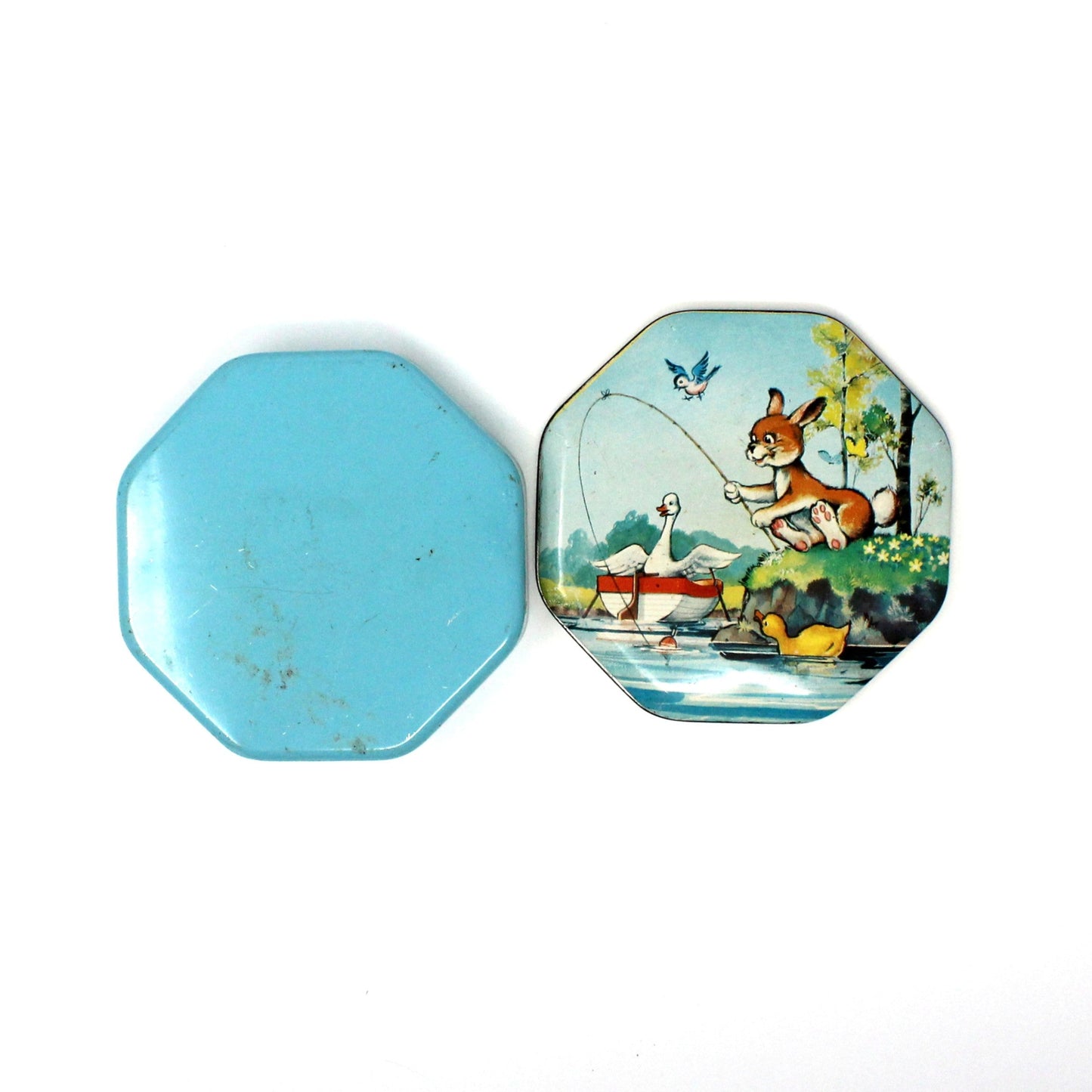 Gift Tin / Candy Tin, Metal Box Co, Bunny Rabbit Fishing, Octagon Shape, Vintage