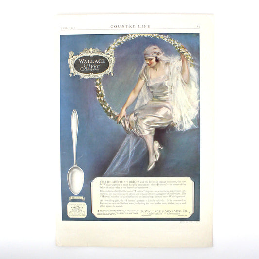 Advertisement, Wallace Silver, Hostess Pattern Flatware, 1921 Art Deco Bride Illustration by McMein, Original Magazine Ad, Antique