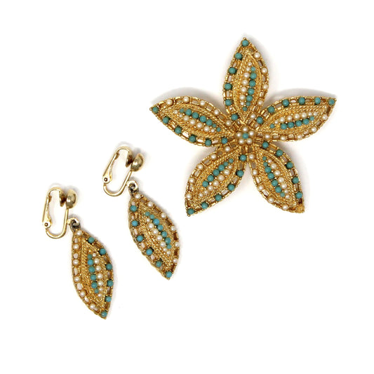 Brooch / Pin and Earrings Set, Sarah Coventry, Ocean Star / Starfish, Gold & Turquoise, Clip-Ons, Vintage