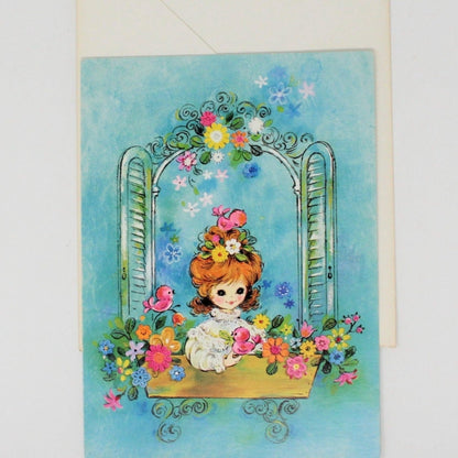 Greeting Card / Get Well, Girl at Window Box, Unused with Envelope, Vintage