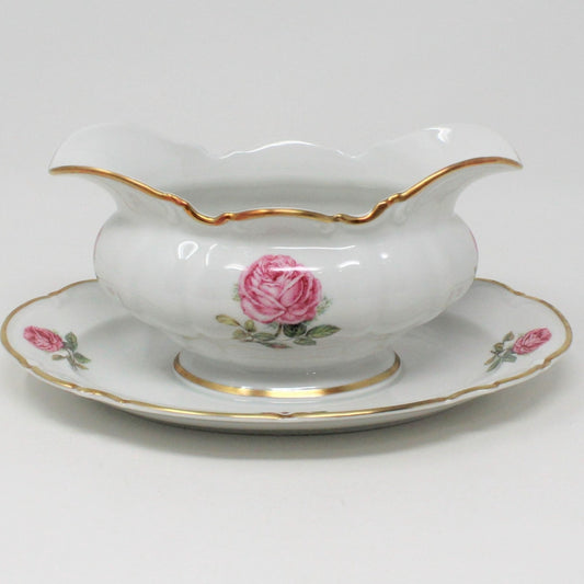 Gravy Boat / Saucière with Underplate, Hutschenreuther, The Dundee, Pink Rose, Bavaria, Germany, Vintage