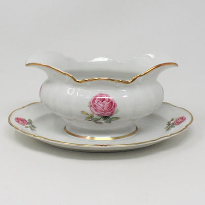 Gravy Boat / Saucière with Underplate, Hutschenreuther, The Dundee, Pink Rose, Bavaria, Germany, Vintage