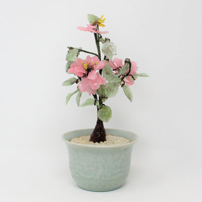 Sculpture, Jade Glass Bonsai Tree in Celadon Planter, Pink Floral / Green, Vintage (Imperfections))