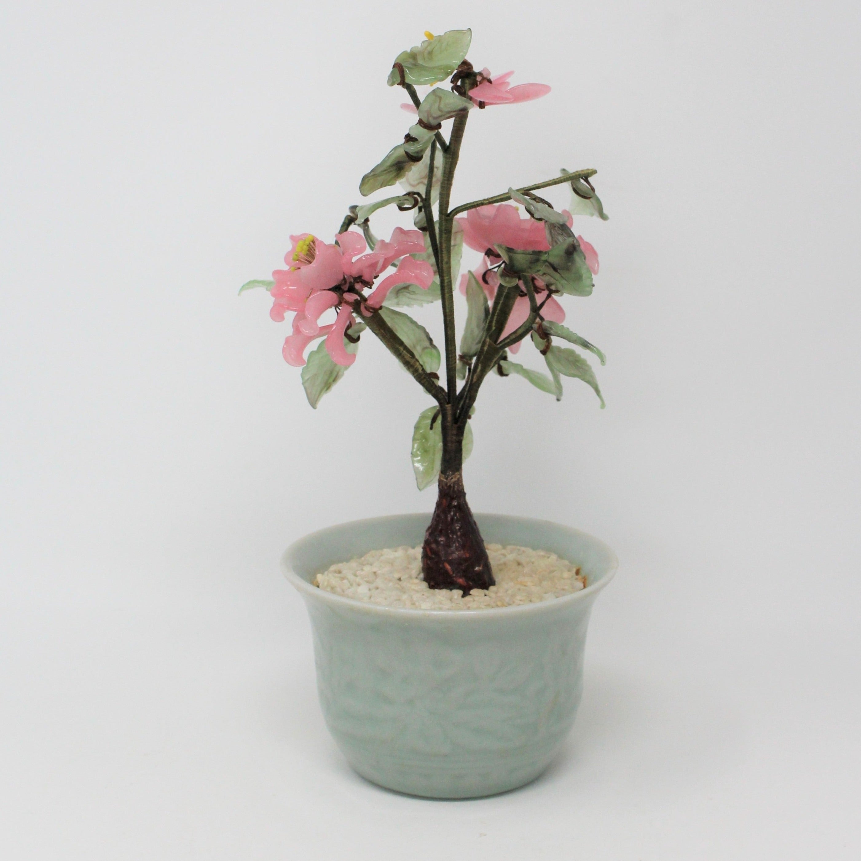 Vtg Jade Bonsai Tree hot In Celedon Pot Stone/Glass Pink White Blossoms, 8