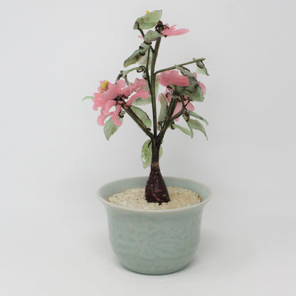 Sculpture, Jade Glass Bonsai Tree in Celadon Planter, Pink Floral / Green, Vintage (Imperfections))