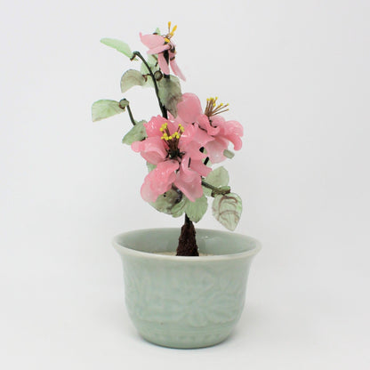 Sculpture, Jade Glass Bonsai Tree in Celadon Planter, Pink Floral / Green, Vintage
