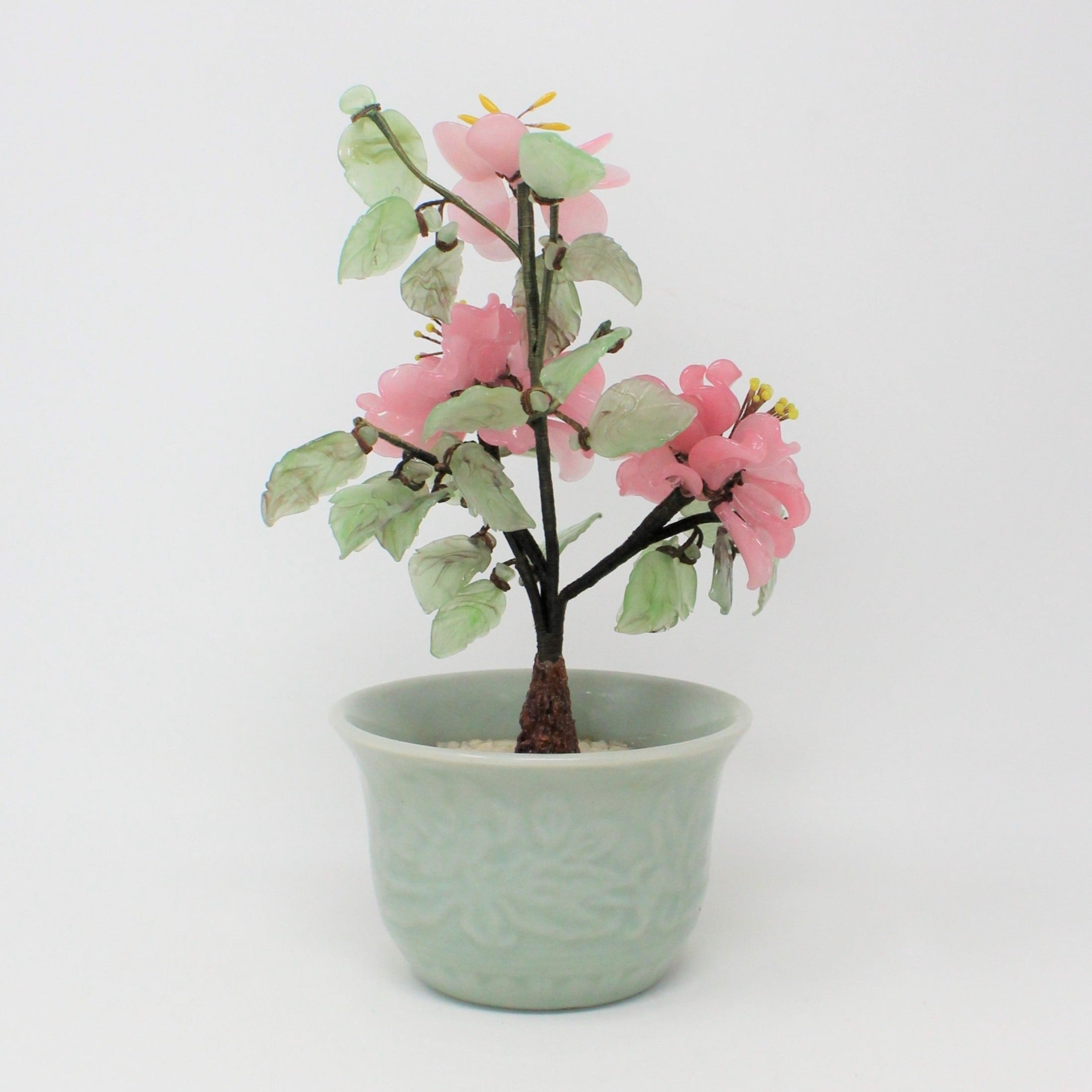 Vtg Jade Bonsai Tree In Celedon Pot Stone/Glass store Pink White Blossoms, 8