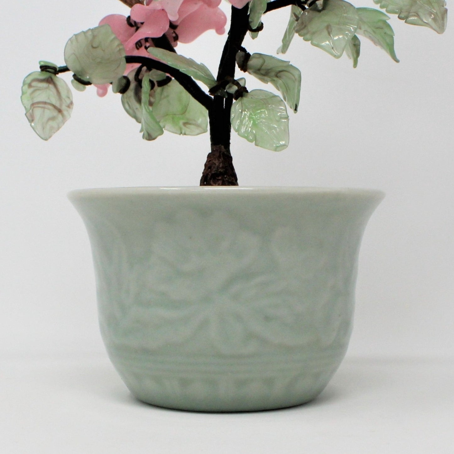 Sculpture, Jade Glass Bonsai Tree in Celadon Planter, Pink Floral / Green, Vintage