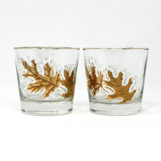 Glasses, Whiskey / Rocks, Libbey, Oak Leaves 22K Gold, Set of 2, Vintage